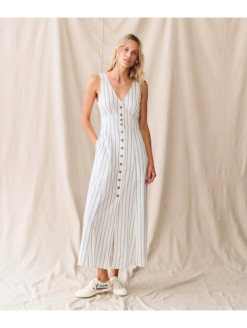Marine Layer Size L Camila Maxi Dress Cream Navy Stripe (NWT)